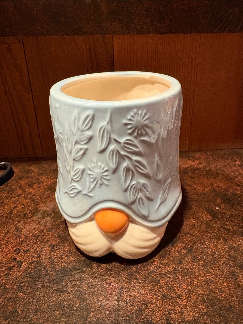Ceramic Gnome Planter Blue Floral Embossed Hat Indoor Plant Pot